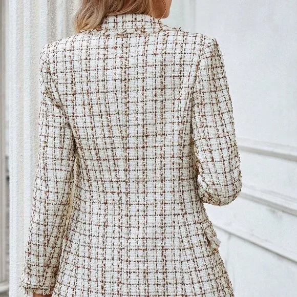 Multicolor Preppy Womens Plaid Pattern Raw Trim Lapel Collar Tweed Blazer - Picture 3 of 5